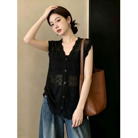大码女装法式V领镂空显瘦针织衫无袖背心  服裝批發女裝批發服飾貨源