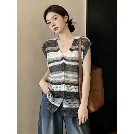 胖MM韩系高级感显瘦条纹单排扣无袖背心上衣  服裝批發女裝批發服飾貨源