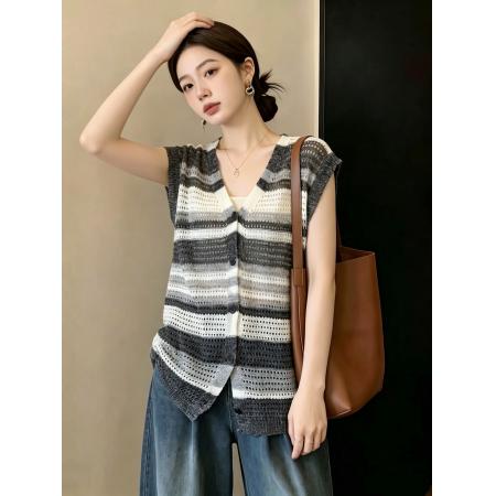 胖MM韩系高级感显瘦条纹单排扣无袖背心上衣  服裝批發女裝批發服飾貨源