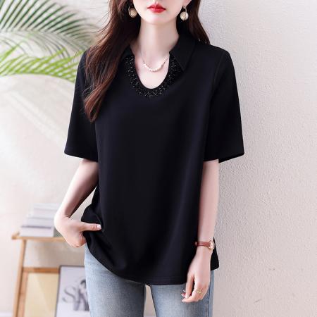 黑色翻领钉珠烫钻短袖T恤女夏季大码宽松显瘦遮肉百搭上衣  服裝批發女裝批發服飾貨源