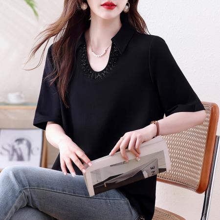 黑色翻领钉珠烫钻短袖T恤女夏季大码宽松显瘦遮肉百搭上衣  服裝批發女裝批發服飾貨源