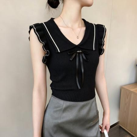 自留款推荐韩系蝴蝶结小飞袖polo领针织衫女夏季超好看甜美上衣  服裝批發女裝批發服飾貨源