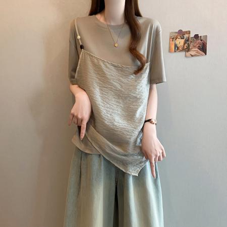 夏季新款大码女时尚洋气吊带拼接宽松显瘦假两件T恤上衣  服裝批發女裝批發服飾貨源