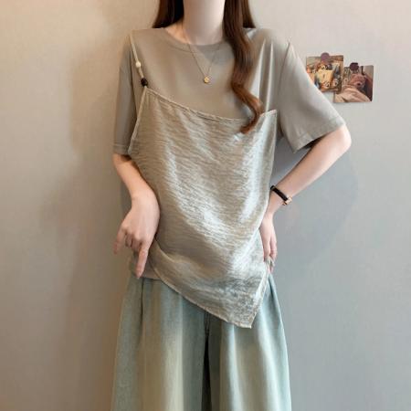 夏季新款大码女时尚洋气吊带拼接宽松显瘦假两件T恤上衣  服裝批發女裝批發服飾貨源