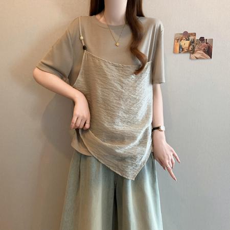 夏季新款大码女时尚洋气吊带拼接宽松显瘦假两件T恤上衣  服裝批發女裝批發服飾貨源