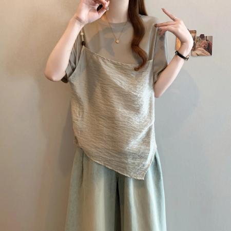 夏季新款大码女时尚洋气吊带拼接宽松显瘦假两件T恤上衣  服裝批發女裝批發服飾貨源