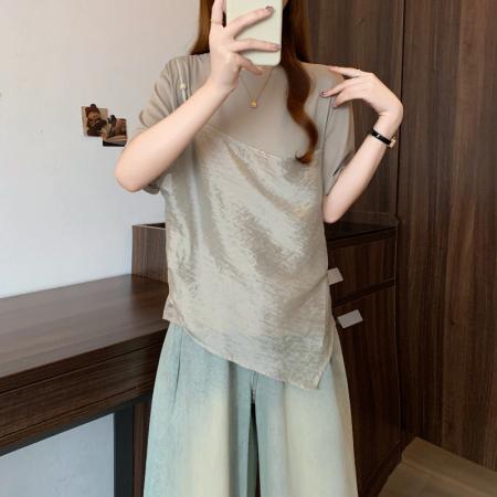 夏季新款大码女时尚洋气吊带拼接宽松显瘦假两件T恤上衣  服裝批發女裝批發服飾貨源