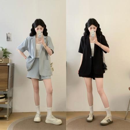大码女装夏季高级感时尚套装老钱风西装短袖+短裤两件套  服裝批發女裝批發服飾貨源