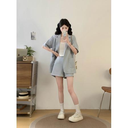大码女装夏季高级感时尚套装老钱风西装短袖+短裤两件套  服裝批發女裝批發服飾貨源