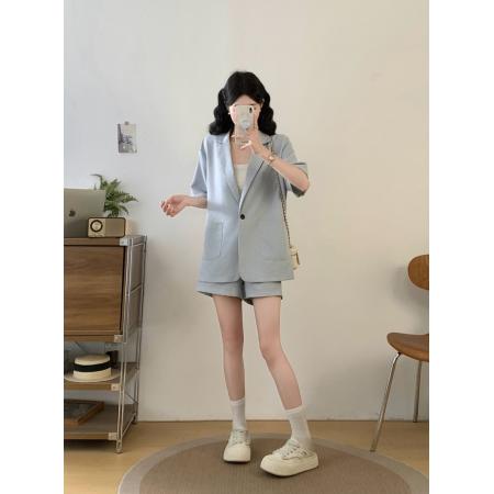 大码女装夏季高级感时尚套装老钱风西装短袖+短裤两件套  服裝批發女裝批發服飾貨源