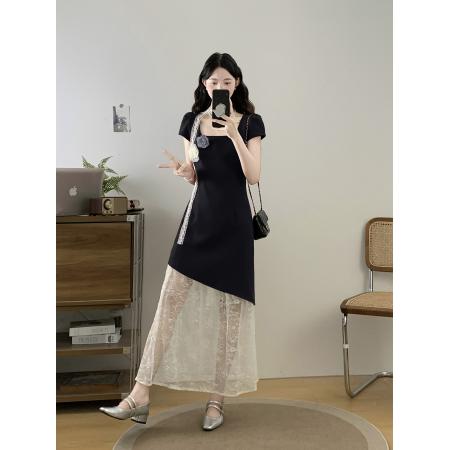 方领撞色蕾丝长裙春夏季新款假两件连衣裙子  服裝批發女裝批發服飾貨源