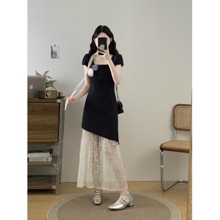 方领撞色蕾丝长裙春夏季新款假两件连衣裙子  服裝批發女裝批發服飾貨源