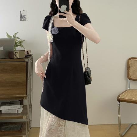 方领撞色蕾丝长裙春夏季新款假两件连衣裙子  服裝批發女裝批發服飾貨源