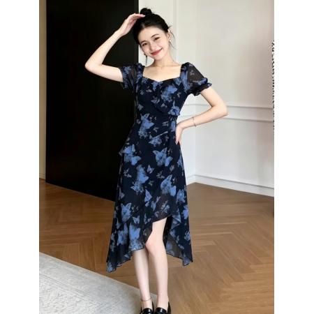 方领印花连衣裙女夏季收腰复古气质泡泡袖裙子  服裝批發女裝批發服飾貨源