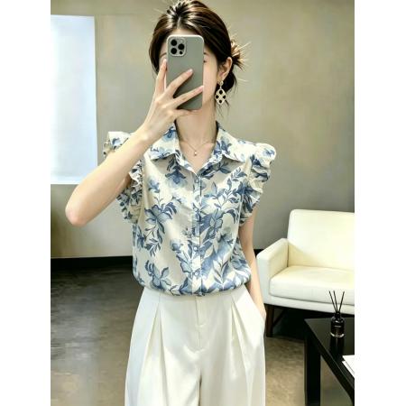 港风复古时尚衬衫女夏季新款显瘦小衫碎花短袖  服裝批發女裝批發服飾貨源