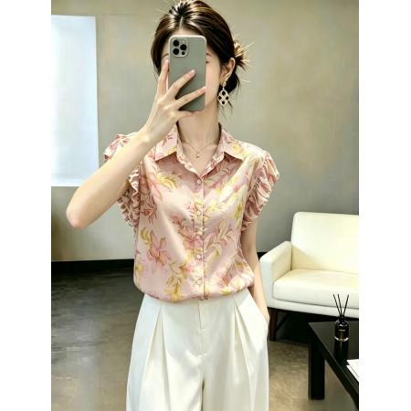 港风复古时尚衬衫女夏季新款显瘦小衫碎花短袖  服裝批發女裝批發服飾貨源