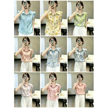港风复古时尚衬衫女夏季新款显瘦小衫碎花短袖  服裝批發女裝批發服飾貨源