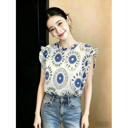 向阳花夏季新款民族风花边领法式印花小衫  服裝批發女裝批發服飾貨源