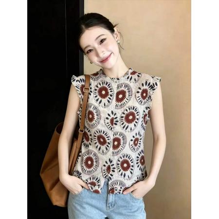 向阳花夏季新款民族风花边领法式印花小衫  服裝批發女裝批發服飾貨源