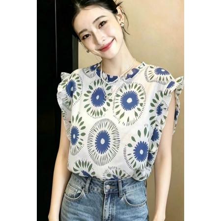 向阳花夏季新款民族风花边领法式印花小衫  服裝批發女裝批發服飾貨源