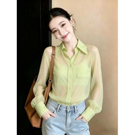 夏季新款绿色雪纺长袖衬衫女2外穿宽松百搭上衣（送抹胸）  服裝批發女裝批發服飾貨源