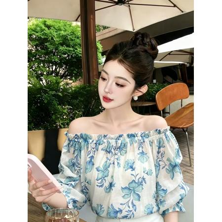 专柜品质碎花天丝一字领小衫女夏装宽松显瘦雪纺泡泡袖衬衣  服裝批發女裝批發服飾貨源
