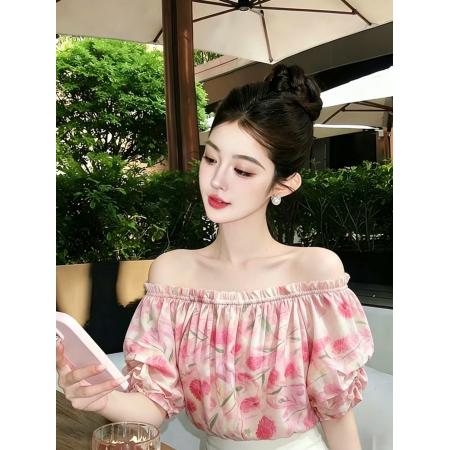 专柜品质碎花天丝一字领小衫女夏装宽松显瘦雪纺泡泡袖衬衣  服裝批發女裝批發服飾貨源