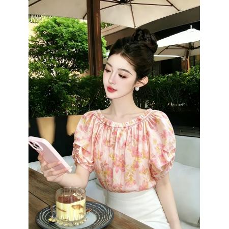 专柜品质碎花天丝一字领小衫女夏装宽松显瘦雪纺泡泡袖衬衣  服裝批發女裝批發服飾貨源