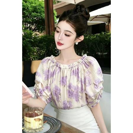 专柜品质碎花天丝一字领小衫女夏装宽松显瘦雪纺泡泡袖衬衣  服裝批發女裝批發服飾貨源