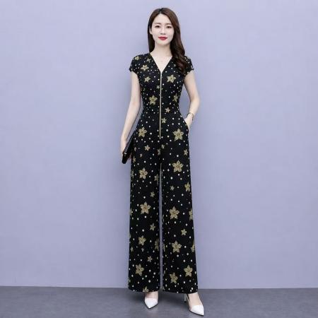 夏新品雪纺连体裤高腰时尚气质修身长款高端阔腿裤套装  服裝批發女裝批發服飾貨源