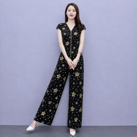 夏新品雪纺连体裤高腰时尚气质修身长款高端阔腿裤套装  服裝批發女裝批發服飾貨源
