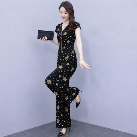 夏新品雪纺连体裤高腰时尚气质修身长款高端阔腿裤套装  服裝批發女裝批發服飾貨源