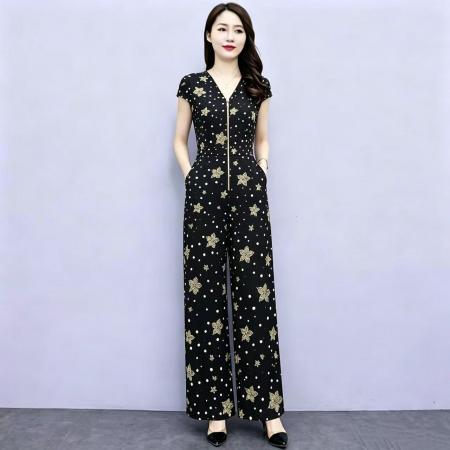 夏新品雪纺连体裤高腰时尚气质修身长款高端阔腿裤套装  服裝批發女裝批發服飾貨源