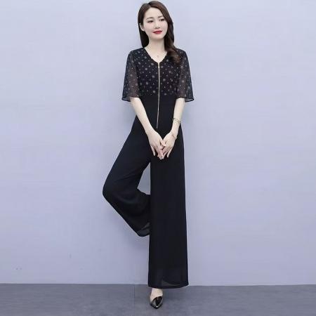 夏新品拼接连体裤高腰时尚气质修身长款高端阔腿裤套装  服裝批發女裝批發服飾貨源