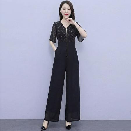 夏新品拼接连体裤高腰时尚气质修身长款高端阔腿裤套装  服裝批發女裝批發服飾貨源