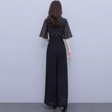 夏新品拼接连体裤高腰时尚气质修身长款高端阔腿裤套装  服裝批發女裝批發服飾貨源