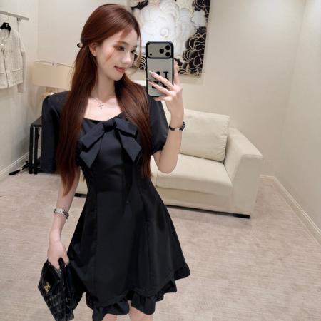 胖妹妹学院风蝴蝶结连衣裙女夏季新款小个子气质绝美短裙  服裝批發女裝批發服飾貨源