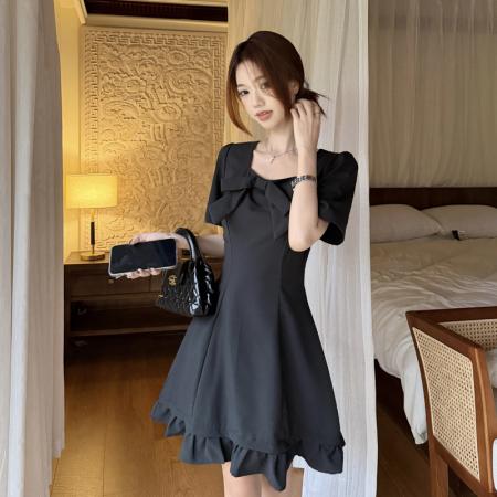 胖妹妹学院风蝴蝶结连衣裙女夏季新款小个子气质绝美短裙  服裝批發女裝批發服飾貨源