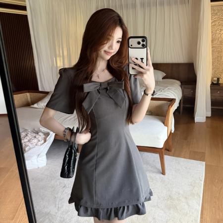 胖妹妹学院风蝴蝶结连衣裙女夏季新款小个子气质绝美短裙  服裝批發女裝批發服飾貨源
