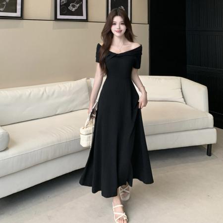 新款大码胖妹妹法式气质名媛一字肩两穿显瘦连衣裙  服裝批發女裝批發服飾貨源