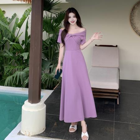 新款大码胖妹妹法式气质名媛一字肩两穿显瘦连衣裙  服裝批發女裝批發服飾貨源