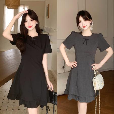 胖妹妹学院风蝴蝶结连衣裙女夏季新款小个子气质绝美短裙  服裝批發女裝批發服飾貨源