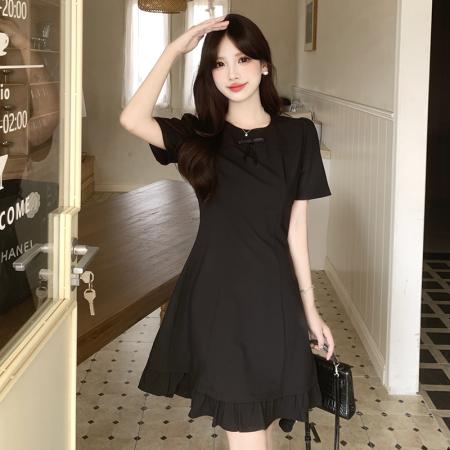 胖妹妹学院风蝴蝶结连衣裙女夏季新款小个子气质绝美短裙  服裝批發女裝批發服飾貨源