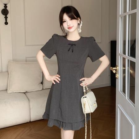 胖妹妹学院风蝴蝶结连衣裙女夏季新款小个子气质绝美短裙  服裝批發女裝批發服飾貨源