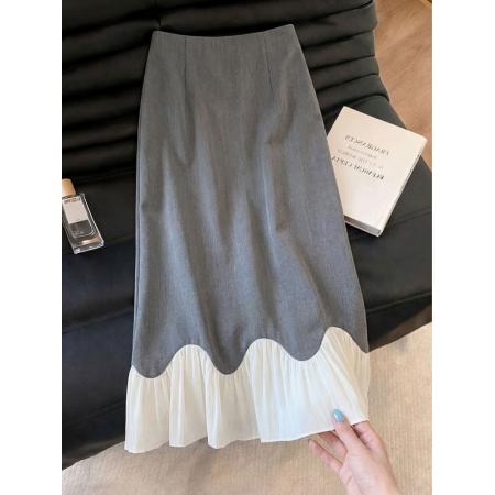 灰色网纱拼接设计感半身裙女夏季新款时髦洋气不撞款百搭裙子  服裝批發女裝批發服飾貨源