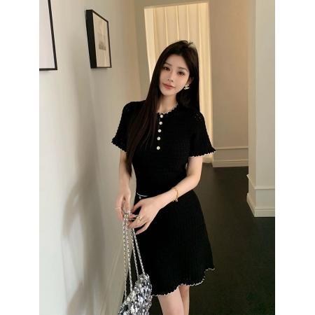 精致小香风撞色镂空华夫格肌理感甜美收腰气质显瘦通勤短袖连衣裙  服裝批發女裝批發服飾貨源