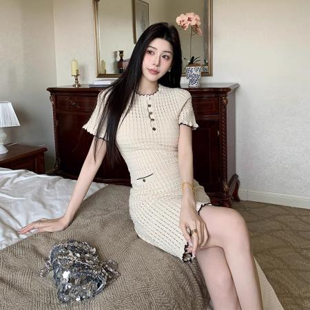 精致小香风撞色镂空华夫格肌理感甜美收腰气质显瘦通勤短袖连衣裙  服裝批發女裝批發服飾貨源
