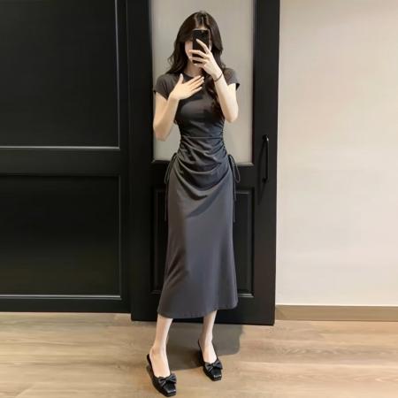 法式灰色连衣裙子女新款夏季独特漂亮巨好看气质绝美收腰长裙  服裝批發女裝批發服飾貨源