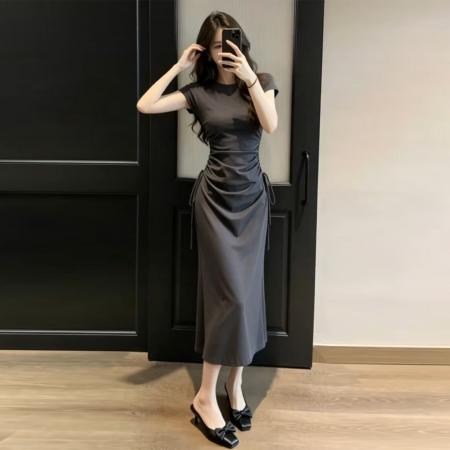 法式灰色连衣裙子女新款夏季独特漂亮巨好看气质绝美收腰长裙  服裝批發女裝批發服飾貨源