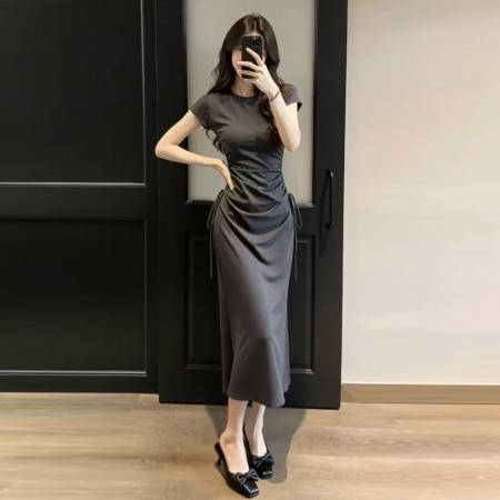 法式灰色连衣裙子女新款夏季独特漂亮巨好看气质绝美收腰长裙  服裝批發女裝批發服飾貨源